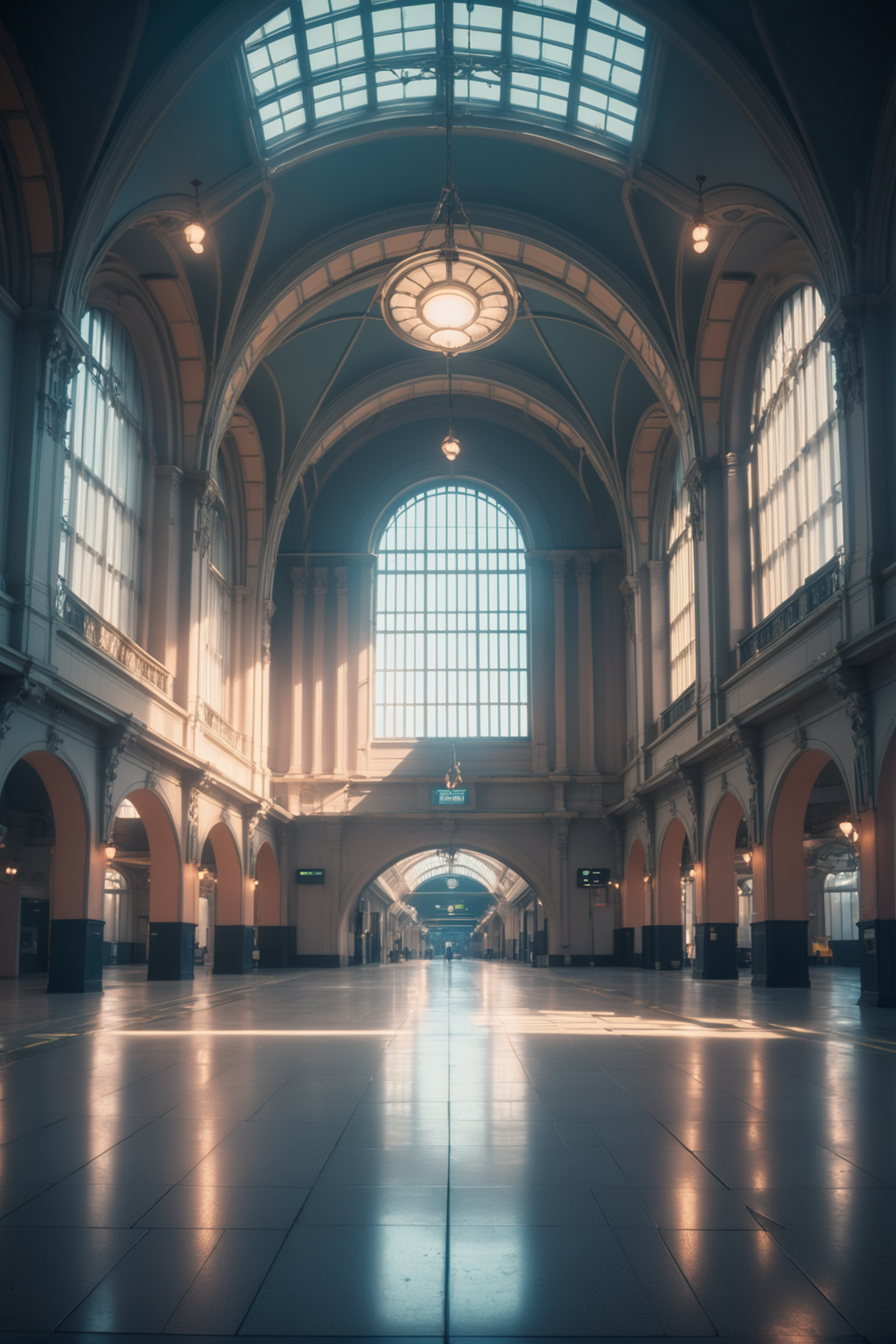 photograph, cinematic color grading, scifi, Historic train station concourse in a empty,Radiant fantasy metropolis at the ...