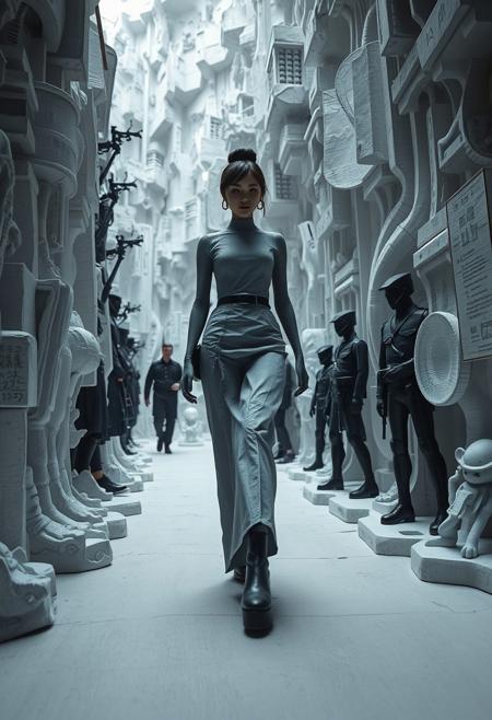 Low-angle perspective, black and white layered papier-mâché sculpture: A woman walks, the sculpted, textured layers creating a timeless and elegant effect. Cyberpunk elements blend with futuristic themes, mechanical designs, and abstract silhouettes, showing Japanese calligraphy influences in a bold composition with atmospheric depth and militaristic aesthetics.
