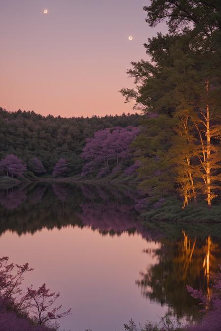 calm lake surrounded by blooming rose bushes, soft pink and red petals falling into the water, twilight sky glowing purple and gold, moon rising above, gentle reflections of roses in the water, romantic peaceful vibe, cinematic fantasy lighting, ultra high-definition nature fantasy
