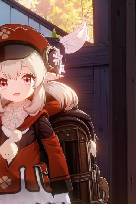 klee, long hair, bangs, (red eyes:1.3), hair between eyes, twintails, ahoge, sidelocks, pointy ears, low twintails, light brown hair, gloves, long sleeves, hat, bag, scarf, coat, backpack, red headwear, hat ornament, pocket, cabbie hat, randoseru, hat feather, red coat, charm \(object\), brown scarf, bag charm, clover print, dodoco \(genshin impact\),