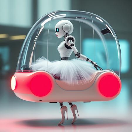 funny ai robot in tutu and high heels in a hoovering  transparent robo cab, red lips, side view