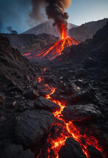 In the heart of a volcanic landscape, our fearless explorer finds themselves , on a rock, behind the lava,  amidst a scene of impending chaos. Molten lava cascades down the mountainside, casting an ominous red glow across the rocky terrain. With smoke and ash billowing into the sky, the adventurer races against time, navigating treacherous paths strewn with debris as fiery explosions erupt around them, painting the scene with bursts of intense heat and light. 
many details, extreme detailed, full of details,
Wide range of colors.
Many details everywhere.  soft shadows. Low saturation colors. Insane quality. Insane resolution. Insane details. Masterpiece. 32k resolution.
Dramatic,Dynamic,Cinematic,Sharp details
 <lora:add-detail-xl:1>