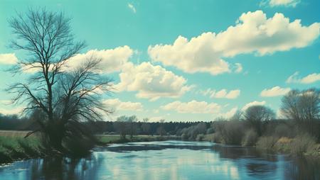 (landscape of a river and trees in the distance with a blue sky in the background and a few clouds in the sky, cinematic movie footage vhs movie, high contrast)<lora:MJ52:1.0>