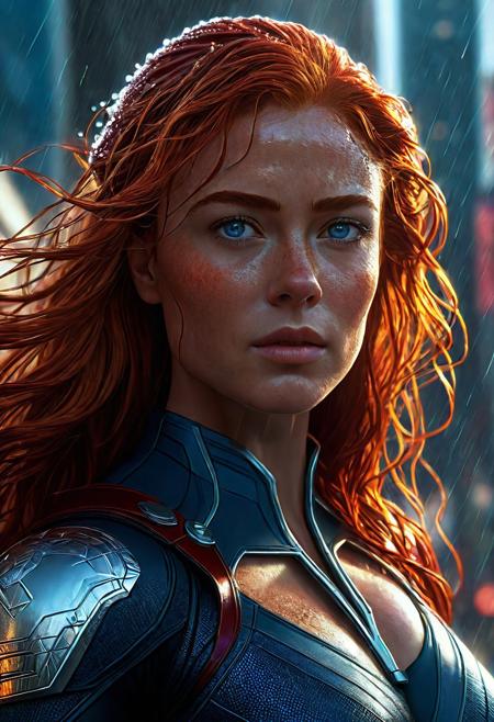 Ultra detailed digital art masterpiece, Hyperdetailed, hyperrealism, extremely high resolution of Beautiful Jean Grey, Greg Rutkowski, Intricately Designed Handsome face, Realistic blue eyes, wavy long red hair, Marvel, Intricately Designed X-Men costume, 8K, deep color, Cinematic Lighting, intricate smooth, sharp focus digital painting, Artgerm, WLOP, Greg Rutkowski, Beautiful Sadie Sink as Jean Grey, wavy red hair, handsome freckled face, Marvel comics, Realistic combat dirty clothing, perfect whole athletic body, defiant and seductive, Photograph Taken on Nikon D750, Intricate Elegant, Digital Illustration, Scenic, Unreal Engine, CryEngine, Octane Render, 8k, standing in the runes of a metropolis, Designed combat clothes, Attractive, Attractive woman, dramatic lighting, wet and sweaty skin, beautiful firm Breasts, Daylight, Concept art by Greg Rutkowski, adding to the intense and dynamic atmosphere of the scene