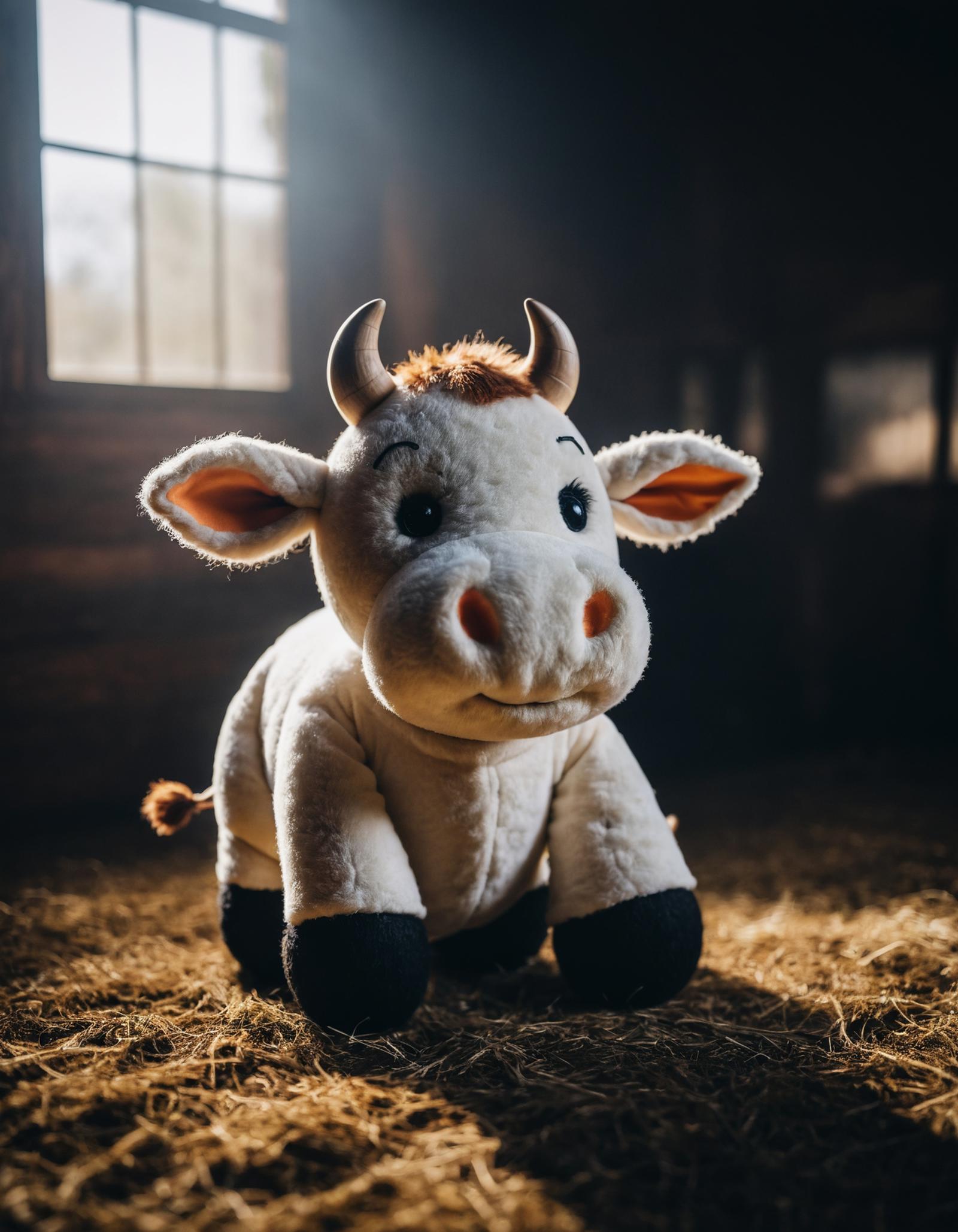 A white and brown stuffed toy cow sitting in hay.
