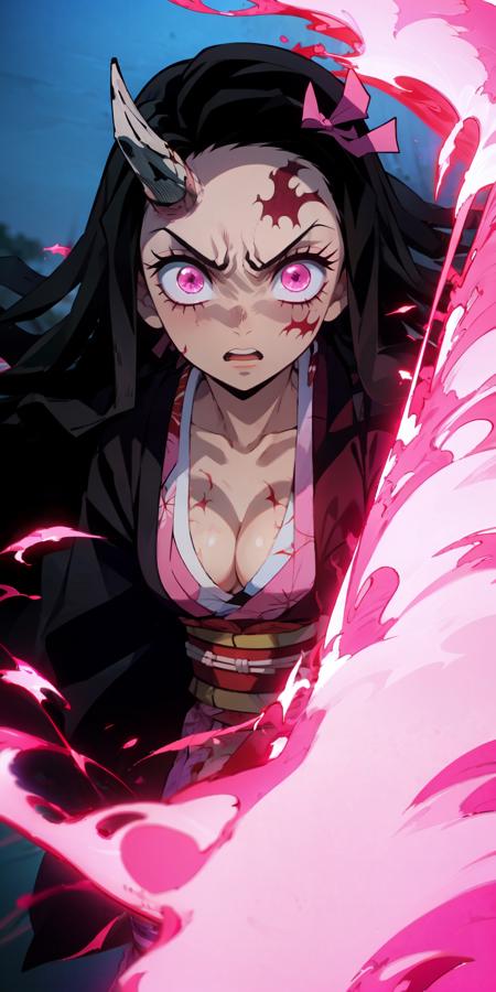 1girl, angry, black hair, checkered sash, cleavage, collarbone, demon, demon girl, fire, hair ribbon, haori, kamado nezuko, long hair, looking at viewer, medium breasts, multicolored hair, night, obi, pink eyes, pink fire, pink kimono, pink ribbon, single horn, slit pupils, solo, upper body, veins,  <lora:kny_v1-000030:1>