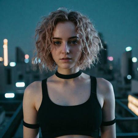 cyborg young woman, dark cyberpunk, highly detailed face, pale fragile delicate body, frizzy bob cut hair, (stylish haircut:0.9), wearing a tight stylish minimalistic futuristic open black hi-tech tactical techwear crop top with symmetrical cutouts, subtle cyberware, standing on a cyberpunk Japanes city rooftop at night, scenic view, cinematic scene, cinematic lighting, analog-style photo, grainy amateur lo-fi portrait photo, desaturated colors, (low contrast), distracted, b-cup breasts, eyeliner, (eyeshadow:1.1), shy, blushing, raw photo, phone photo, 3/4, (upper body portrait shot), medium shot, accidental art, candid, crisp image, high detail, (eyebags:0.7), chromatic aberration