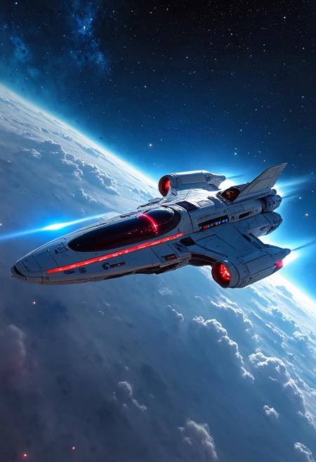 highly detailed dark sci-fi digital artwork, epic composition, silhouette art, chiascuro, a futuristic, highly advanced exploration spaceship in deep space, viewed diagonally, cruising through insterstellar dust clouds with vibrant nebulae in the background. The spaceship predominantly white with red and blue accents, glowing LEDs and diodes; the cockpit shows glowing led lights