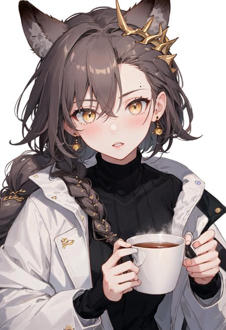 best quality, masterpiece, highres, solo, {penance_arknights:0.90}, 1girl, earrings, looking_at_viewer, long_sleeves, blush, simple_background, black_sweater, white_background, hair_ornament, parted_lips, single_braid, upper_body, very_long_hair, holding_cup, white_coat, open_coat, white_jacket