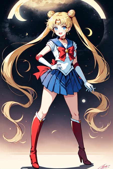 Alternative Sailor Moon,  1girl,  :d,  back bow,  bangs,  blonde hair,  blue eyes,  blue sailor collar,  blue skirt,  boots,  bow,  choker,  crescent,  crescent earrings,  crescent moon,  double bun,  earrings,  elbow gloves,  full body,  gloves,  hair bun,  hand on hip,  high heel boots,  high heels,  jewelry,  knee boots,  long hair,  looking at viewer,  magical girl,  moon,  open mouth,  pleated skirt,  red bow,  red choker,  red footwear,  sailor collar,  sailor senshi uniform,  signature,  silhouette,  skirt,  sky,  smile,  solo,  twintails,  very long hair,  white gloves, <lora:EMS-49403-EMS:0.600000>