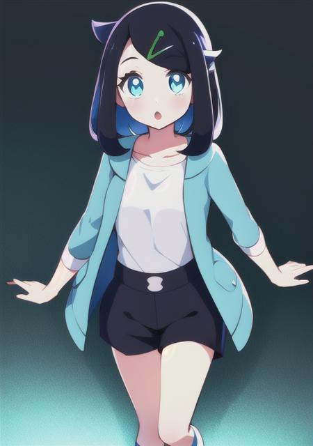 <lora:liko:0.7>,liko, 1girl, solo, looking at viewer, open mouth, blue eyes, shirt, black hair, hair ornament, holding, collarbone, jacket, white shirt, open clothes, shoes, shorts, socks, hairclip, :o, open jacket, eyelashes, black shorts, blue jacket,