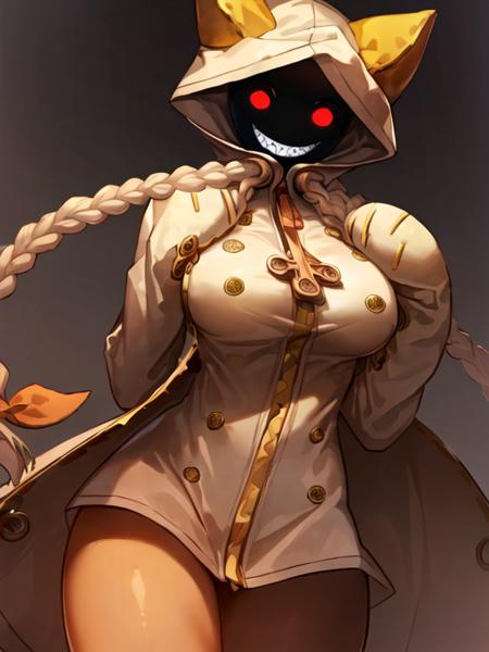 (masterpiece, best quality, high resolution, unity 8k wallpaper, extremely detailed CG:1.2), (illustration:1.0), perfect lighting, cowboy shot, 1girl, taokakams, hood, ((dark skin, dark-skinned female)), faceless,   animal hood, cat hood , hoodie, red eyes, grin, <lora:TaokakaMS:1>