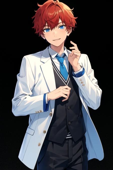 <lora:HiiroAmagi-01:0.7>,hiiro, solo, looking at viewer, smile, blue eyes, simple background, shirt, 1boy, jacket, male focus, red hair, necktie, collared shirt, pants, white jacket, black background, clenched hand, blue necktie