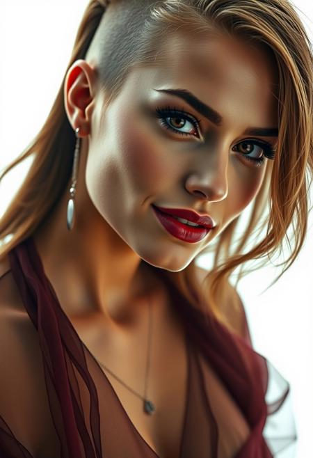 A captivating, cinematic portrait of a rebellious beauty. A 35-year-old Caucasian woman, her asymmetrical haircut - one side shaved, the other cascading in long, flowing waves - frames her alluring face. Soft, natural light illuminates her features, casting delicate shadows that accentuate her high cheekbones and sultry eyes. Her eyes, smoldering with desire, are framed by dramatic, kohl-rimmed eyeliner and long, feathery lashes. Her lips, painted a deep, seductive red, curve into a knowing smile. Her skin, flawless and radiant, is adorned with a touch of bronzer and highlighter.
She’s draped in a sheer, flowing garment that reveals glimpses of her toned physique. The garment, a rich, deep color, contrasts with the stark white background, drawing attention to her form. A delicate, yet edgy piece of jewelry, perhaps a silver choker or a long, dangling earring, adds a touch of rebellion to her sensual look.
The overall mood of the image is both alluring and intimidating, reflecting the complex nature of this enigmatic woman.