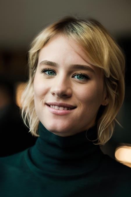 Realistic photo of a beautiful m4ck3nz13d-v1 woman,  1girl, solo, looking at viewer, smile, short hair, (((blonde hair))), green eyes, upper body, blurry, sweater, lips, turtleneck, realistic, soft lighting, professional Photography, Photorealistic, detailed, RAW, analog, sharp focus, 8k, HD, DSLR, high quality, Fujifilm XT3, film grain, award winning, masterpiece<lora:m4ck3nz13d-v1:1.0>