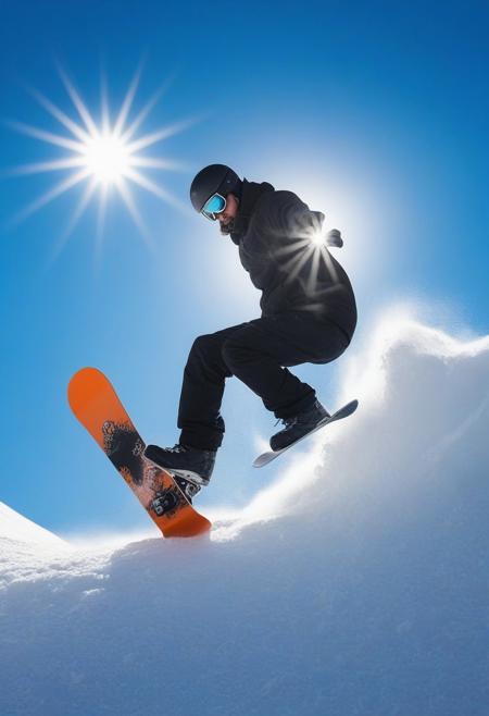 man doing a snowboard stunt, background a sunny blue sky