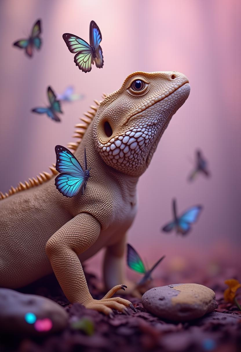 The enchanting image showcases a magnificent, golden gecko, its opulent scales glistening like precious opals, gracefully enveloped in a mesmerizing dance of dazzling iridescent butterflies. The misty, dreamlike atmosphere of the forest evokes feelings of whimsy and wonder, highlighting the creature's tender, gentle nature. The giant lizard exudes an air of power and elegance, contrasting beautifully with the mysterious and ethereal presence of the butterflies that swirl around it. The soft, pale pink hues further enhance the artistic and alluring composition, infusing the scene with a touch of romance and delicacy.   The colors employed in the image, including gold, blue, silver, and a subtle, pale pink, imbue the photograph with a rich, textured palette, accentuating the intricate details of the lizard's scales and the delicate beauty of the butterflies. The soft, diffused lighting creates a dreamlike quality, immersing the viewer in the surreal world of the photograph. The overall aesthetic is reminiscent of the whimsical artwork of Trolls, with its lush bouquets of flowers, shadows, bronze, violet, silver, and tender, gentle nature.   This photograph is a captivating and visually stunning piece of art that masterfully combines elements of fantasy, nature, and surrealism. Its artful composition, lighting, and rich color palette create a dynamic and dramatic moment, showcasing the intricate beauty of both the lizard and the butterflies. Overall, the image evokes a sense of awe and wonder, transporting the viewer to a world of fantasy and magic. ,<lora:aidmaHyperRealism-FLUX-V0.2.safetensors:1.0> ,