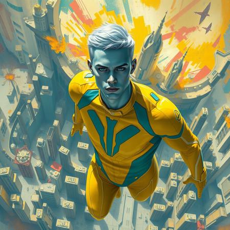 1boy, blue skinned, silver metallic short hair,  aged 30 (full body, facing camera, from below). Futuristic fashion, a golden yellow and teal  high tech bodysuit ,  it is form fitting with an open face design. the man has pale blue skin and is muscular and has an athletic  form , the hero is flying above a futuristic alien city that is very idyllic and made of numerous organic shaped buildings ,, the city behind him exploding into fractured shapes and vibrant brushstrokes. cinematic realism, modernist abstraction, vintage fashion, expressive color palette, fragmented composition, narrative surrealism, romantic noir, bold geometric forms, rhythmic patterns, textured brushwork, dreamlike tension, symbolic elements, 20th-century elegance, surreal backgrounds, abstract expression, stylized figures, visual dynamism, painterly contrast, emotional ambiguity, narrative experimentation