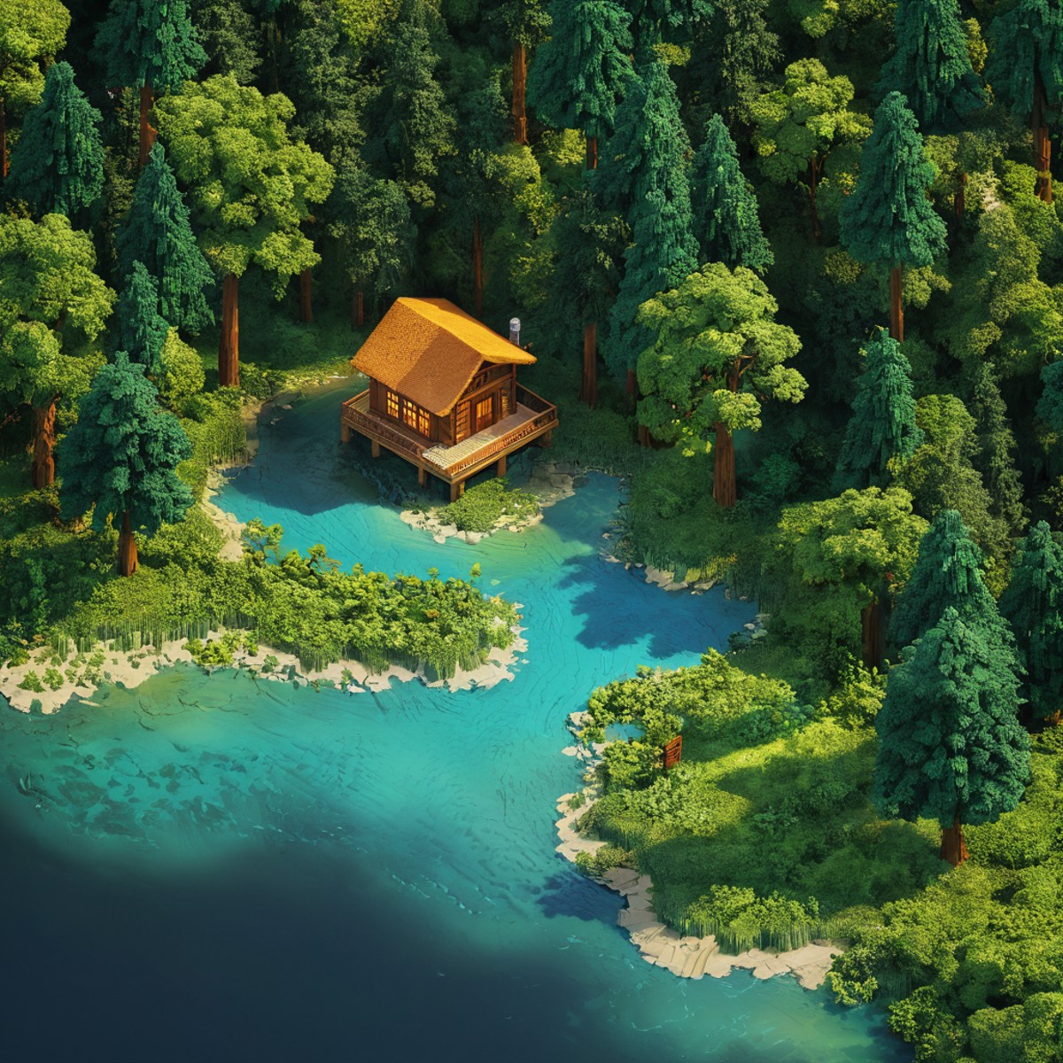isometric style small cabin, forest, river, tilemapstyle, voxell, 3d \, (artwork\), scenery, <lora:TileMapStyle_v1:0.85> ....