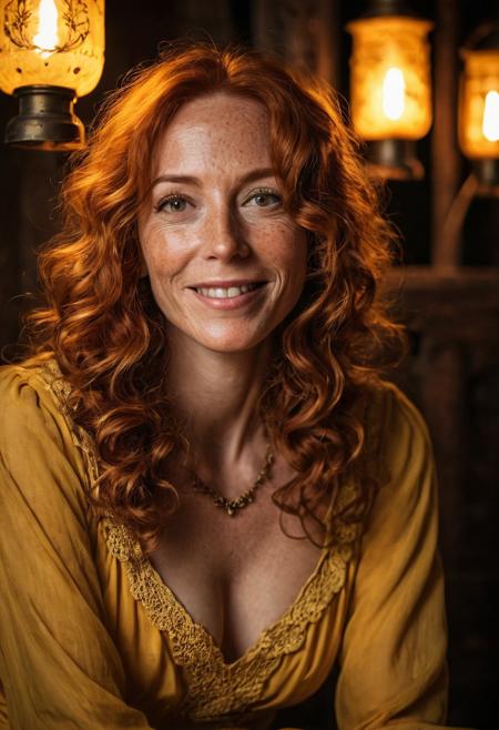A night time photo of a beautiful woman, (50 years old:1.5), with long curly orange hair and freckles, pleasant smile, wearing a bright yellow dress, jewelry, sitting, skinny, narrow hips, slim petite body, (medium breasts:1.3), sitting inside a cozy medieval cottage, (perfect hands:1.5), (cinematic), (dark, high contrast), (intricately detailed eyes:1.5), (subsurface scattering:0.9) lit by Victorian lanterns, full body view. shallow depth of field, vignette, highly detailed, high budget, bokeh, cinemascope, moody, epic, gorgeous, film grain, grainy, dark shadows, DarkFantasy, photo, cinematic,