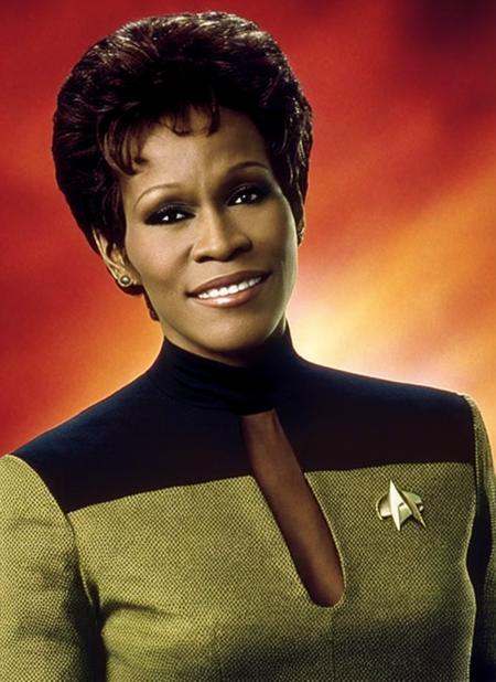 bokeh, A stunning intricate full color portrait photo of Whitney Houston,
wearing a (strtrk uniform), interior ship background,
(sitting in the captain chair on the spaceship),
epic character composition in star trek world,
by ilya kuvshinov, alessio albi, nina masic,
sharp focus, natural lighting, subsurface scattering, f2, 35mm  <lora:startrek_uniform_lora_5000:1.35>