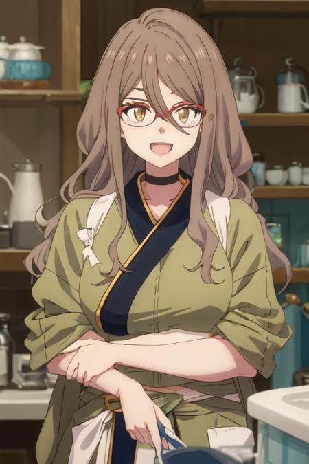 best quality, masterpiece, highres, solo, {nakahara_mizuki_lycorisrecoil:1.15}, brown_hair, long_hair, glasses, red-framed_eyewear, hair_between_eyes, brown_eyes, semi-rimless_eyewear, 1girl, looking_at_viewer, over-rim_eyewear, open_mouth, smile