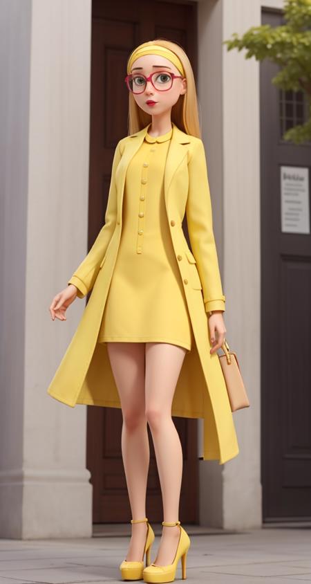 <lora:VRAMsHoneyLemon640:0.5>, 1girl, xyzhoneylemon, long hair, portrait, glasses, masterpiece, hairband, high heels, blonde hair, full body, yellow dress, yellow lab coat, white leggings