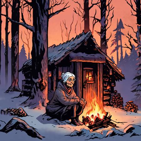 high-quality artwork in dgst artstyle of closeup of an old woman sitting in a chair outside a hut in front of a burning fireplace in a snowy forest during winter during dusk