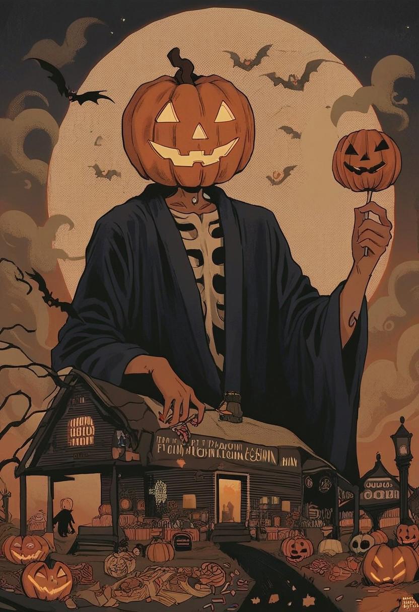 score_9, score_8_up, score_7_up, score_6_up, hllwn, halloween, vintage, jack-o'-lantern, halloween, pumpkin, food, solo, candy, holding, moon, robe, sky, night