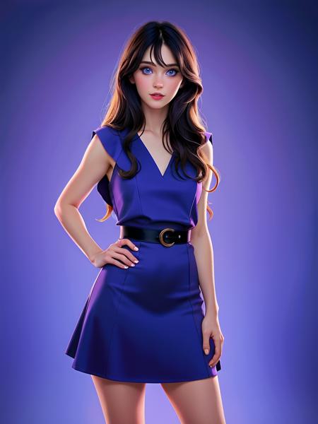 Realistic photo of a beautiful z003yd-v1 woman,  1girl, solo, long hair, looking at viewer, blue eyes, black hair, dress, lips, hand on hip, copyright name, blue background, purple dress, soft lighting, professional Photography, Photorealistic, detailed, RAW, analog, sharp focus, 8k, HD, high quality, masterpiece<lora:z003yd-v1:1.0>