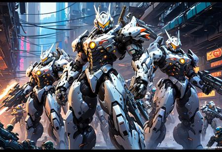In the future, a mesmerizing propaganda poster beckons viewers to enlist in the military. Combining the gritty art style of Frank Frazetta with the futuristic flair of Juan Gimenez, the image features a cybernetically enhanced soldiers, clad in sleek, reflective armor and wielding cutting-edge weapons. The intricate detailing, vivid colors, and dynamic composition elevate this digital painting to a level of unparalleled artistry, capturing the essence of a war-torn, technologically advanced world with stunning precision., cyberpunk art, auto-destructive art, soldiers and mech fight, votoms art style, image comics,pacific rim movie still,  atmospheric lighting,wide  shot