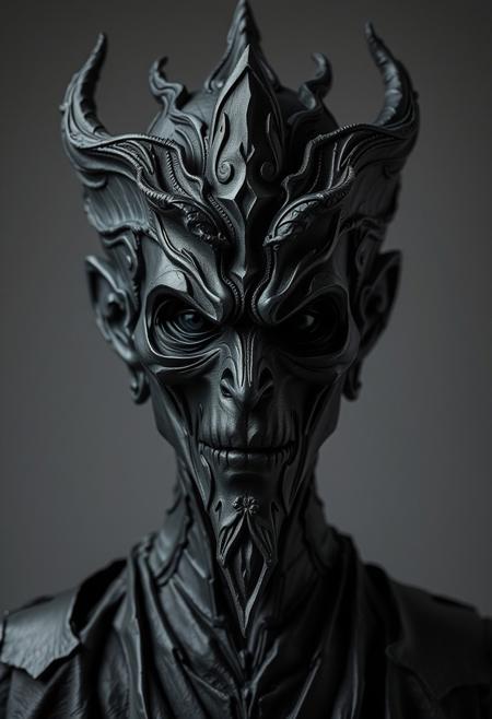 A layered papier-mâché sculpture of a sinister master, intensely jet black. The artwork is a masterpiece illustration, pure black with deep shadows and textured sculpted layers, ultra-detailed, and rendered in UHD with sharp focus.