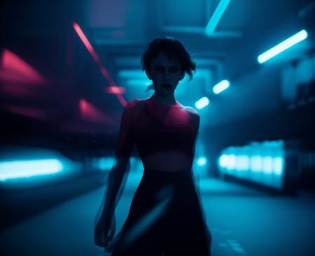 (motion blur, blurry, low shatterspeed:1.2), defocus, anamorphic lenses, flares, highlights, elegant posing photo of a woman standing in a dark room with blue lights, cyberpunk art by Elsa Bleda, neoism, dark dance photography aesthetic, cinematic light lighting, darkness aura red light,  <lora:Prismatia_yiu_v10:0.7>