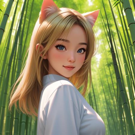 looking at you, cute, cat ears, blonde, black eyes, portrait, girl, photorealistic, real, best quality, 8k, teenager, portrait,  asian, teenage, beautiful, cute, white color skin, extremely beautiful, looking in front, black hair, smiling, cute, smiling, best render, best face <lora:girls_s4:0.8>, infinity render texture, (inside bamboo forest: 2), trees, cloud, day, fantasy, landscape, outdoors, scenery, sky, ultra realistic, photorealistic, (reflection), (ray tracking), (unreal engine), (Japanese: 2), top view, high elevation, photorealistic, 8k, unreal engine, super great 3d render, 3d, 3d ray tracking, super high quality, no_water, no_lake, no_pond, no_sea, forest close up, bamboo close up, many bamboo, (asian: 2)