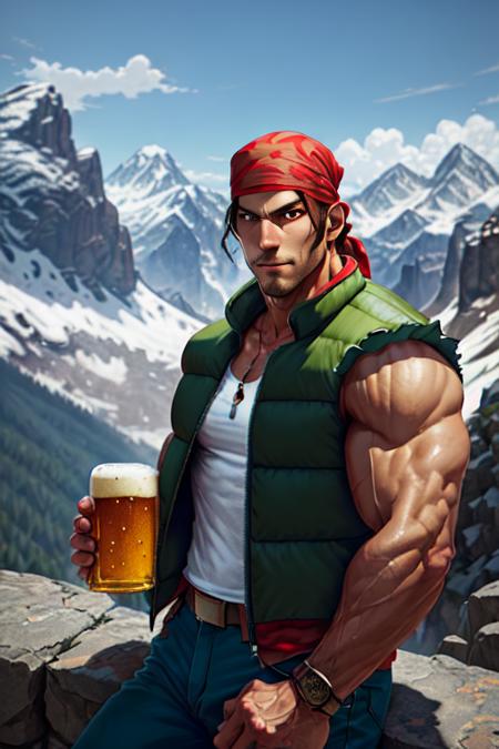 ralfKOF ,  1guy, red bandana, green vest, pants, (sleeveless shirt:1.2), holding a beer, masterpiece, detailed face, handsome, stubble, medium hair, at the mountains  <lora:RalfKOF2:0.8>  <lora:GoodHands-beta2:1>