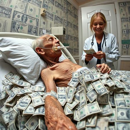 a picture from side point of view of a very skinny old man laying on hospital bed with life support attached to his mouth, piles of dollar around the body, a greedy female doctor smiling and standing next to him with handful of dollar, walls and door and pillows and bedsheet made up of dollar bill
