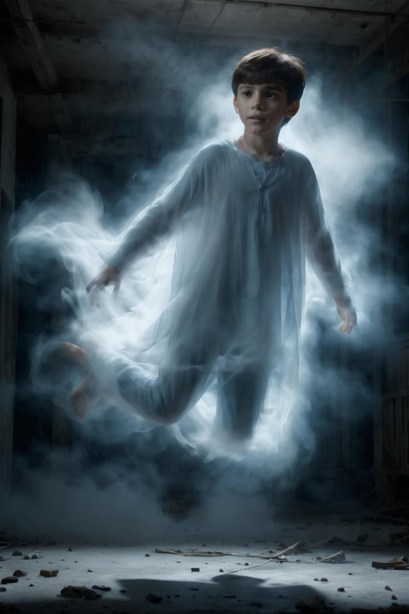 A young boy in a white robe flying through the air with smoke around him.