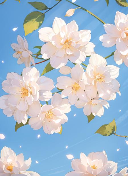 no humans, blue sky, sky, day, outdoors, branch, cherry blossoms, tree, petals, leaf, cloud, flowerï¼(illustration:1.0), masterpiece, best quality    <lora:floweras_20231016212448:0.74>