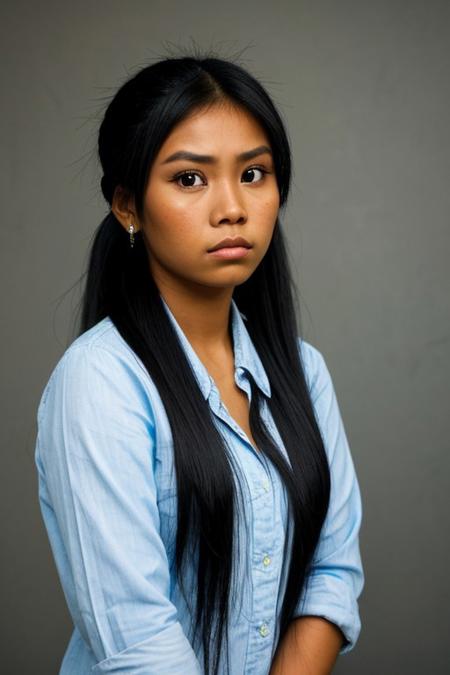RAW photo of a cute Filipina woman with full lips and long black hair,ponytail,fringe locks,stern worried look