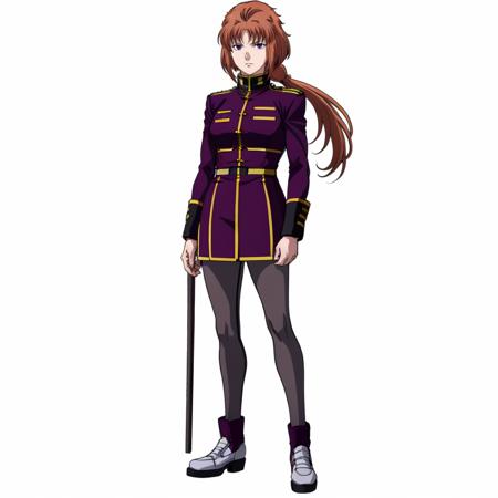 masterpiece,high quality,solo,white background,
<lora:maridacruz001:0.7>,
maridacruz,1girl,
long hair,low ponytail,brown hair,bangs,sidelocks,purple eyes,
(military uniform:1.1),zeon,
white pantyhose,
shoes,
full body,standing,