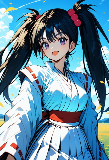 enno_chiaki, purple eyes, black hair, long hair, twintails, hair bobbles, japanese clothes, white kimono, white skirt, 