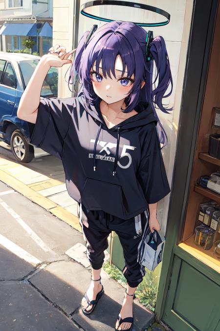 yuuka ba, 1girl, solo,  halo , purple hair, purple eyes, two side up, long hair,Cropped hoodie, joggers, slide sandals
 <lora:yuuka:0.8>