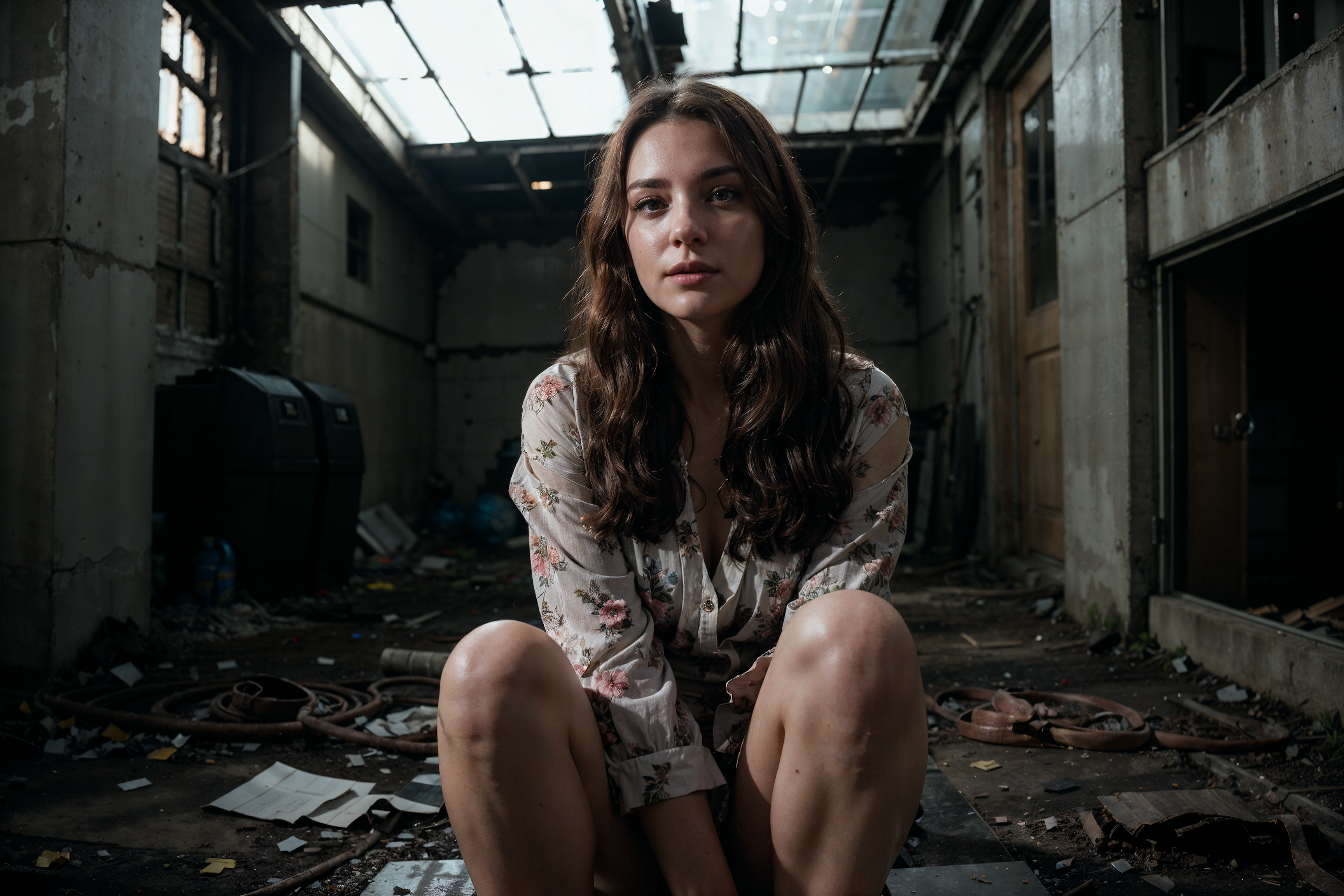 well lit, Kate a floral woman, sitting inside a burnt out building, highly detailed face, split lighting, lights, shadows, details, fashion editorial style, Leica