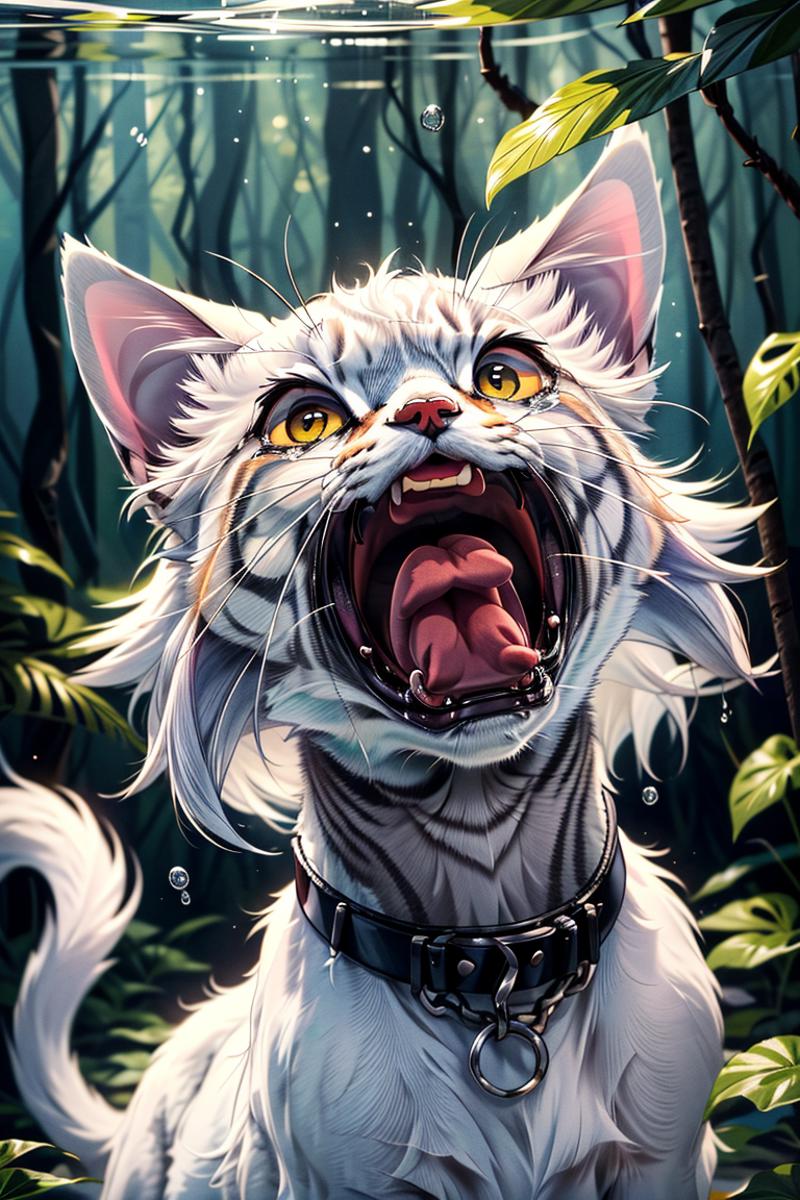 A white and gray cat with yellow eyes and a black collar, in a forest setting.