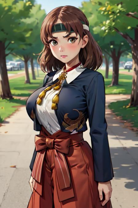 chiyodakc,  headband,  1girl, solo, outside, trees,  huge breasts,  <lora:ChiyodaKCLora-07:1>, grey blazer, bird pattern, plain red hakama skirt, gold tassel, white shirt,