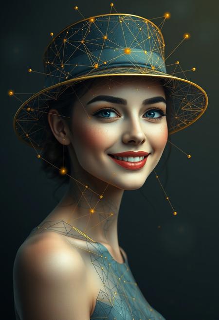 a photorealistic depiction of a beautiful refined charming female with perfect physique and short neck. The image is adorned with intricate geometric patterns and golden dots connected by fine lines, forming a network of constellations across the figure's smily face and hat. The lower part of the figure dissolves into abstract shapes, blending seamlessly with the background. The use of gold and blue accentuates key features, adding a futuristic and surreal quality to the image. Art style: digital art, by artist Rafal Olbinski and artist James Jean.