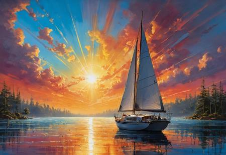 Centered, Incredibly Detailed Accurate Picture Of  Crepuscular Rays: A Beautiful Phenomenon, sailboat on the water at dusk, splash art, street art, spray paint, oil gouache melting, acrylic, high contrast, colorful polychromatic, ultra detailed, ultra quality, CGSociety, Bob Ross