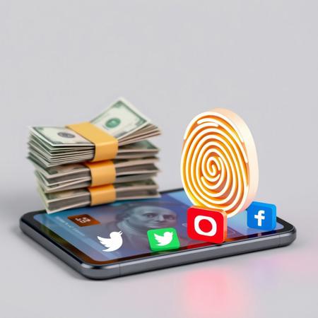 A 3D fingerprint logo next to money and social media icons. This is a professional and realistic image of an advertising company featuring a fingerprint logo on a social media platform. The background is neutral.