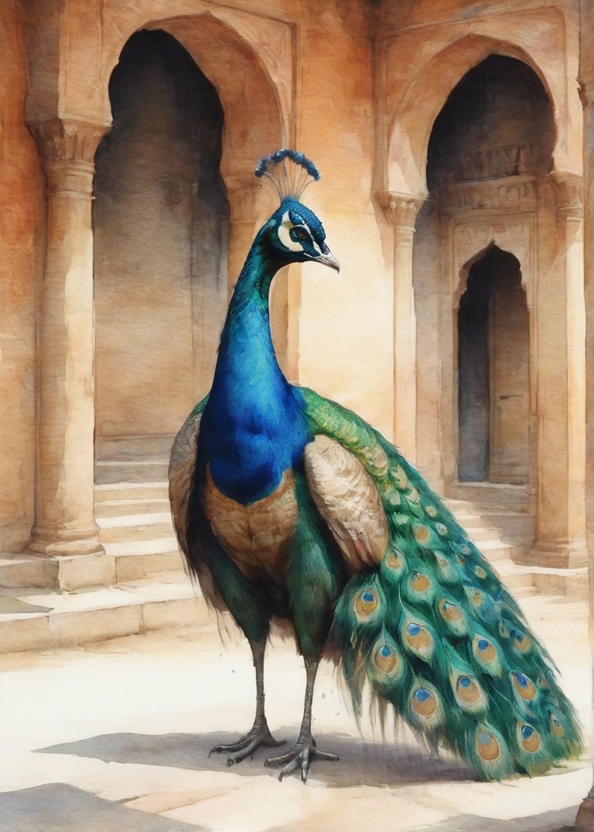 A majestic peacock displaying its vibrant feathers in the courtyard of an old Indian palace