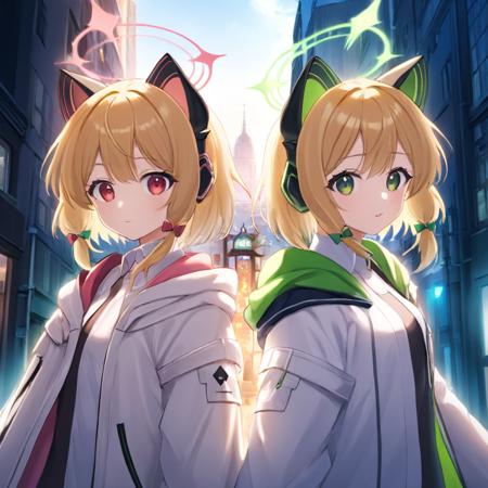 breathtaking,SaibaMomoi, SaibaMidori,red eyes,  green eyes,2girls,cat ear headphones, blonde hair, halo,<lora:ba_4dim:1:lbw=xln2> ,open jacket, white jacket,white shirt, 
standing,city,street, . gorgeous,key visual, vibrant, studio anime,award-winning, professional, highly detailed,high budget, cinemascope